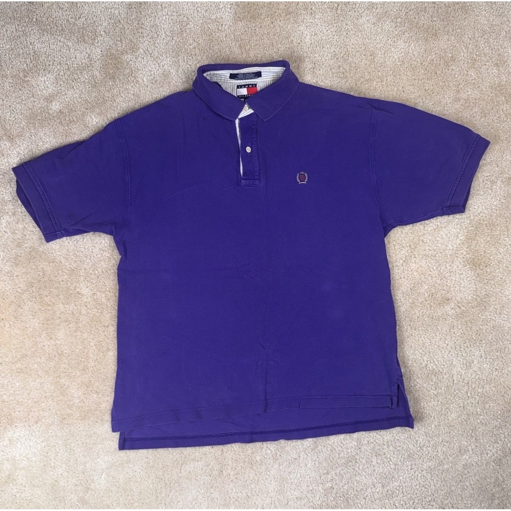TOMMY HILFIGER Shirt Mens L Polo Golf Lion Crest Pique Cotton Purple VTG